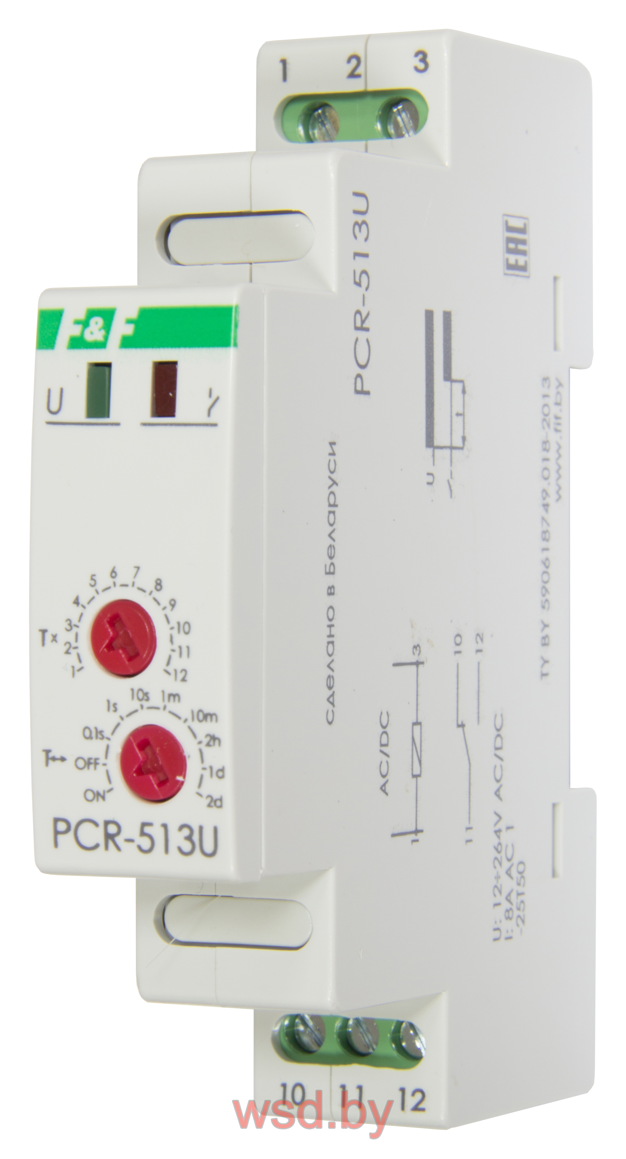 PCR-513U с задержкой включения, 1 модуль, монтаж на DIN-рейке 12-264В AC/DC  8А 1NO/NC IP20